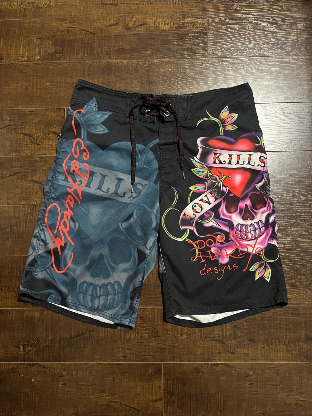 Ed Hardy Black Multi Skull & Heart Graphic Board Shorts